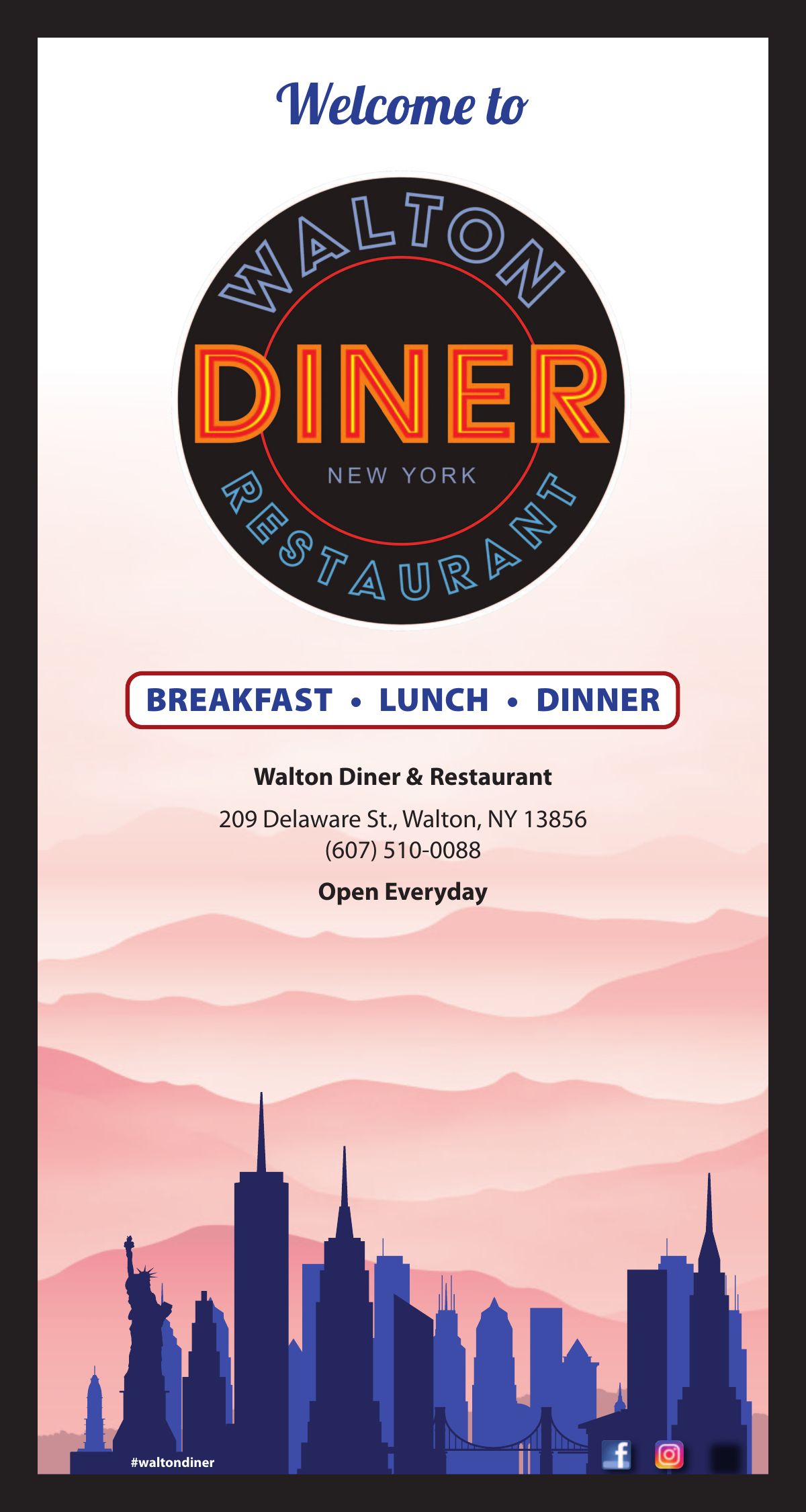 Walton Diner menu cover: the neon Walton Diner logo, Breakfast, Lunch, Dinner, the address and phone, over pink mountains and a New York City skyline