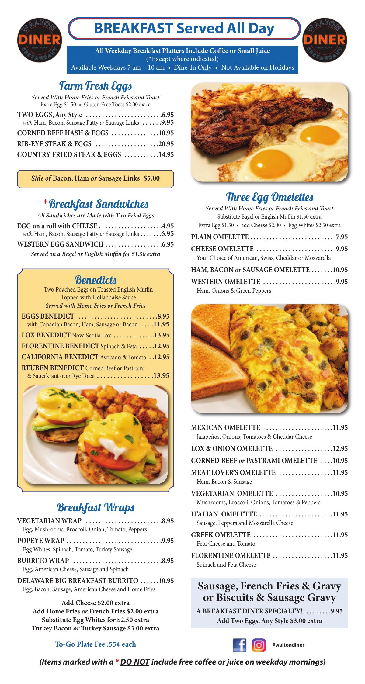 Walton Diner breakfast menu page: farm fresh eggs, breakfast sandwiches, benedicts, breakfast wraps and three-egg omelettes
