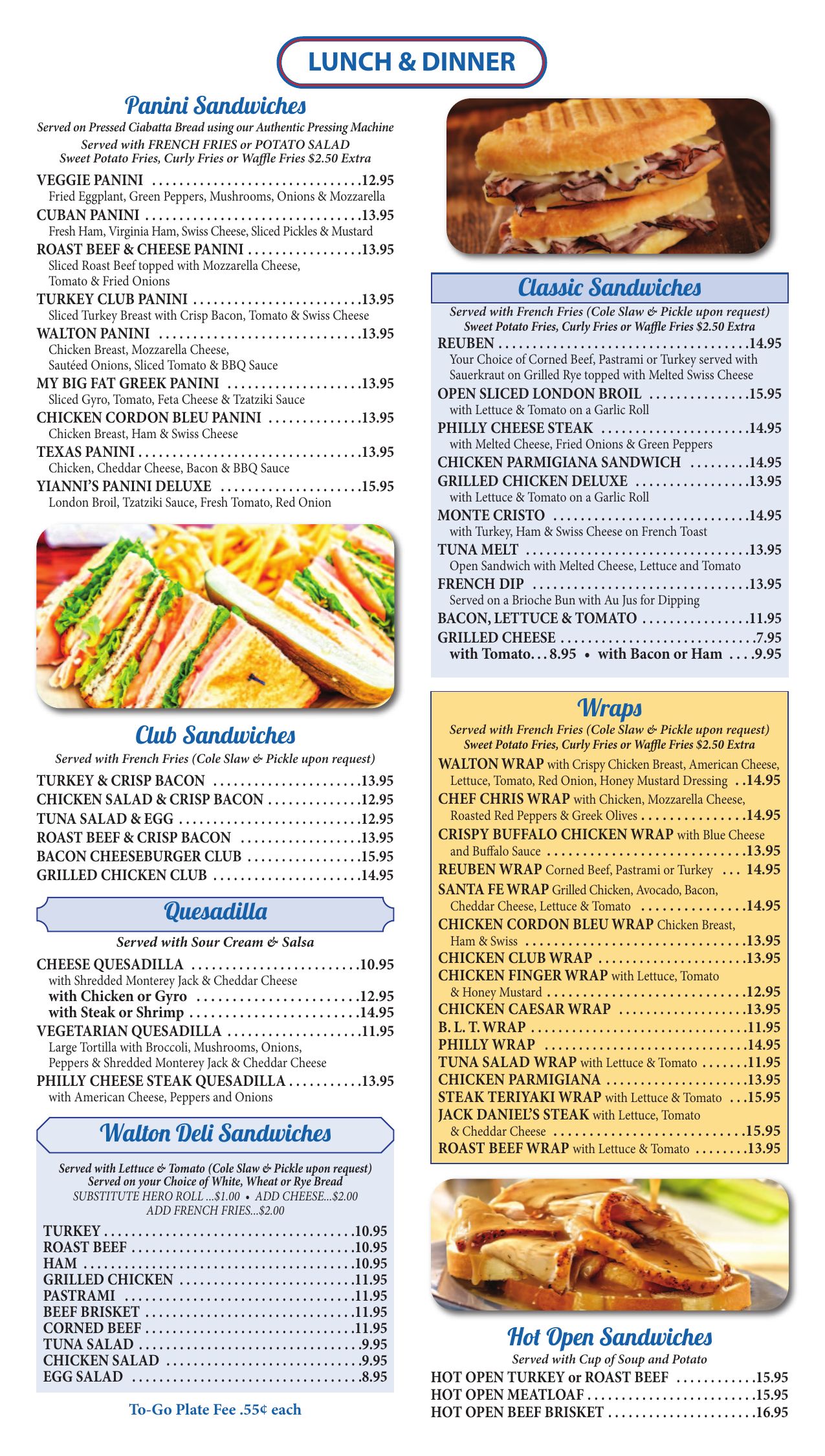 Walton Diner menu page: panini sandwiches, club sandwiches, quesadillas, Walton deli sandwiches, classic sandwiches, wraps and hot open sandwiches