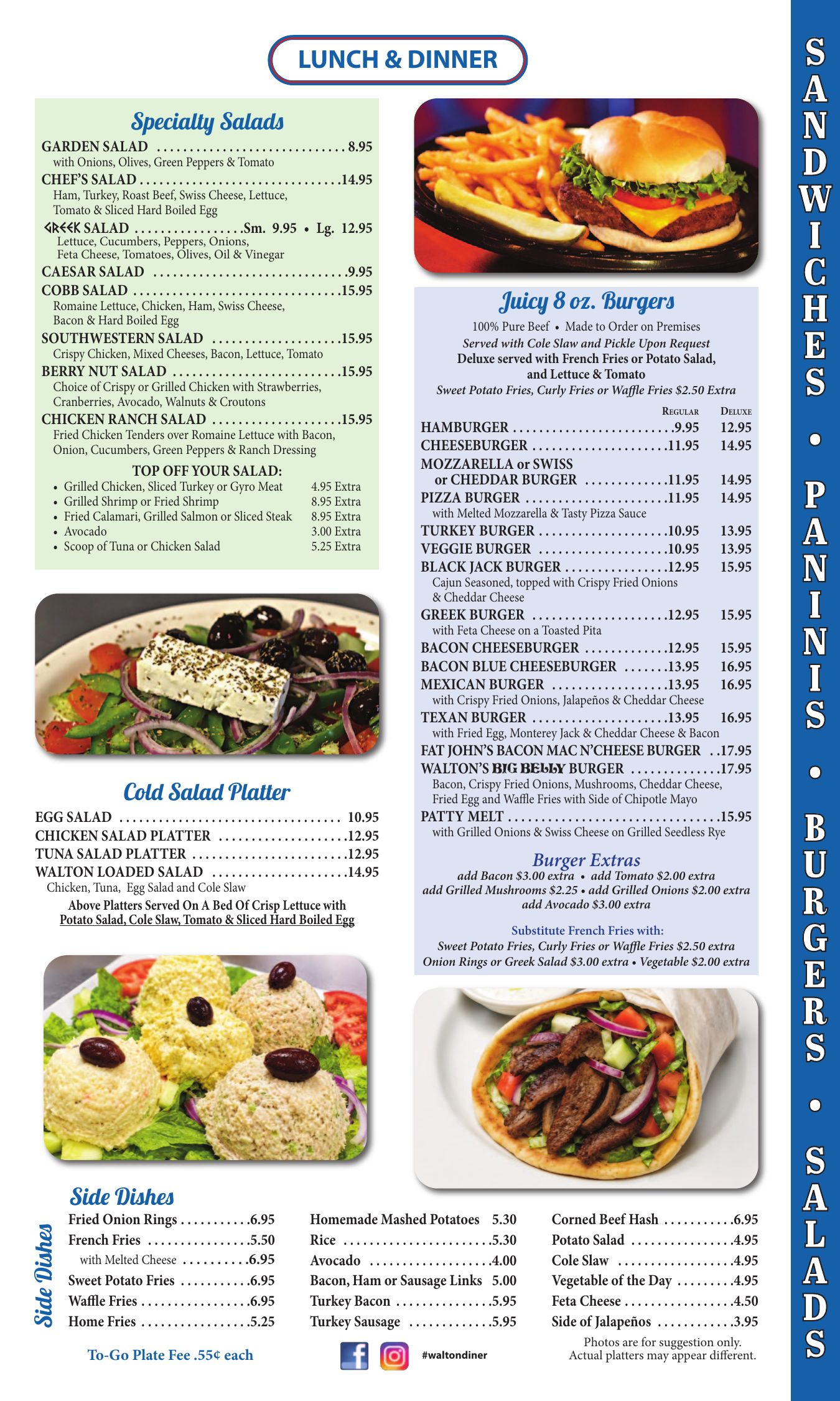 Walton Diner menu page: specialty salads, cold salad platters, juicy 8 oz. burgers with extras, and side dishes