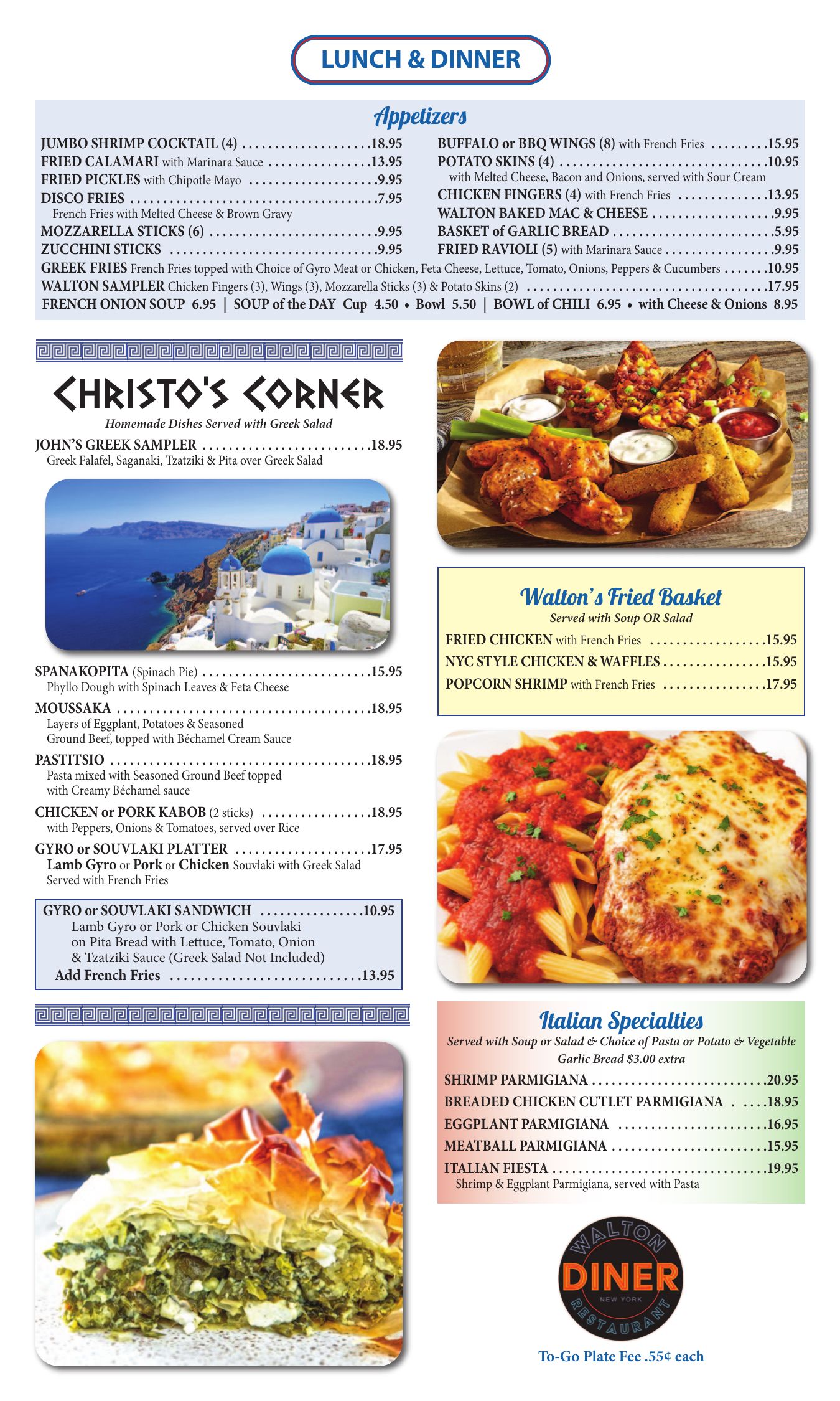 Walton Diner menu page: appetizers and soups, Christo's Corner Greek dishes, Walton's fried basket and Italian specialties