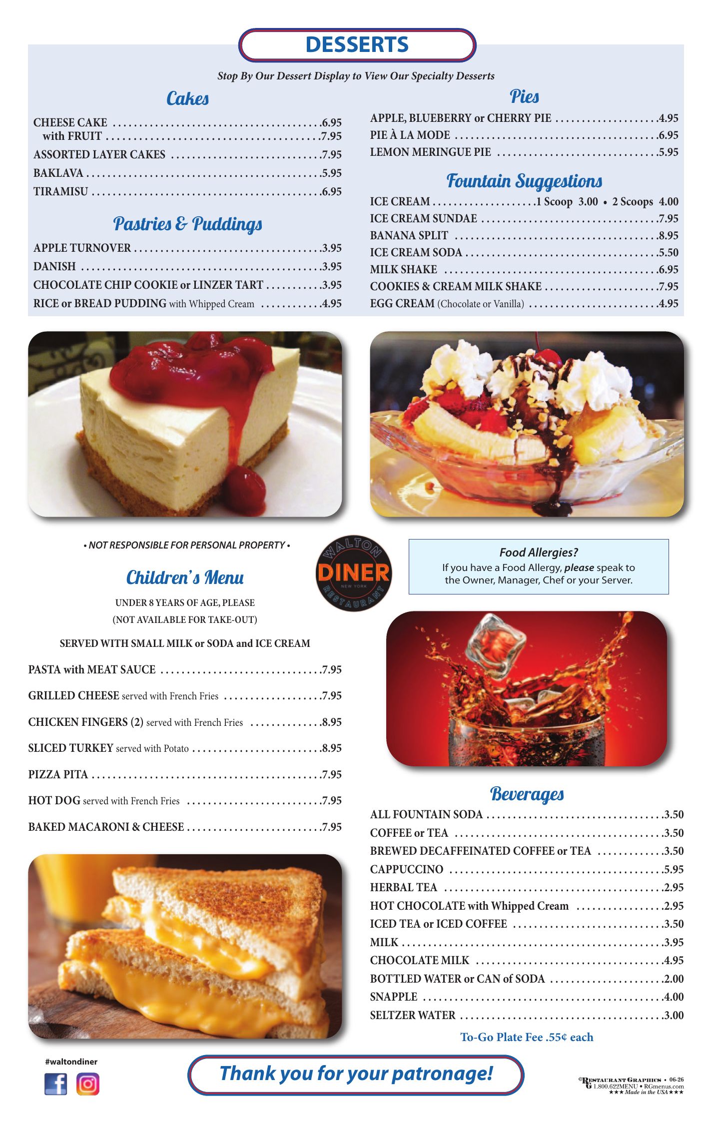 Walton Diner menu page: cakes, pastries and puddings, pies, fountain suggestions, the children's menu and beverages